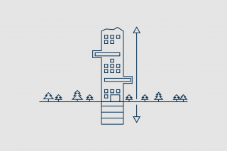 Bauen in die Höhe und in die Tiefe: Beton reduziert den Flächenverbrauch durch optimale Raumnutzung.